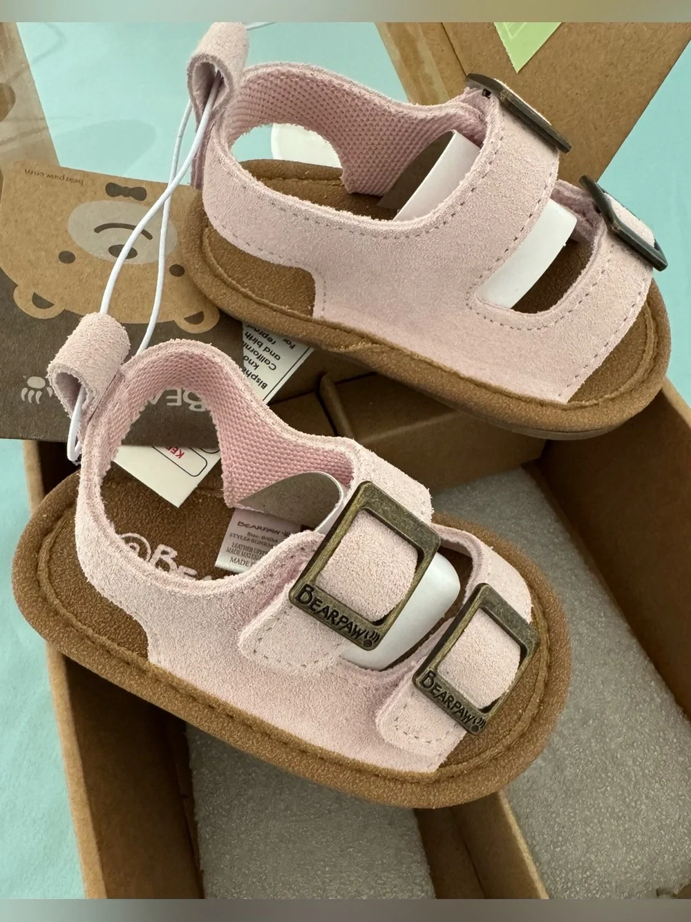 Bearpaw light pink double-buckle baby leather sandals